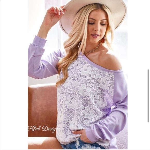 New! Sale 🔥 Feminine Soft Lavender French Terry Lace Front Top - Picture 5 of 8